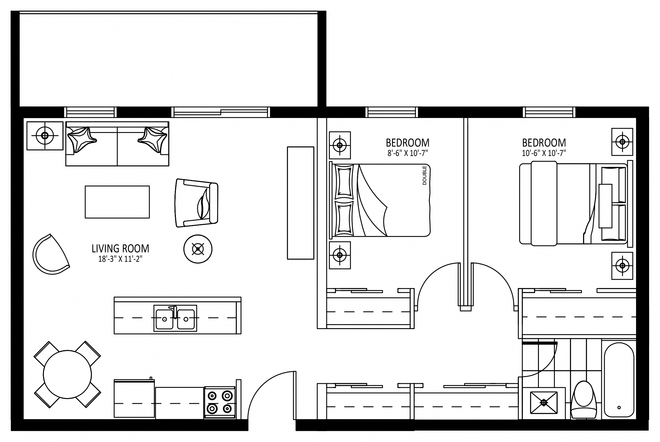 Floor plan for 2 beds, 1 bath, 790 sqft
